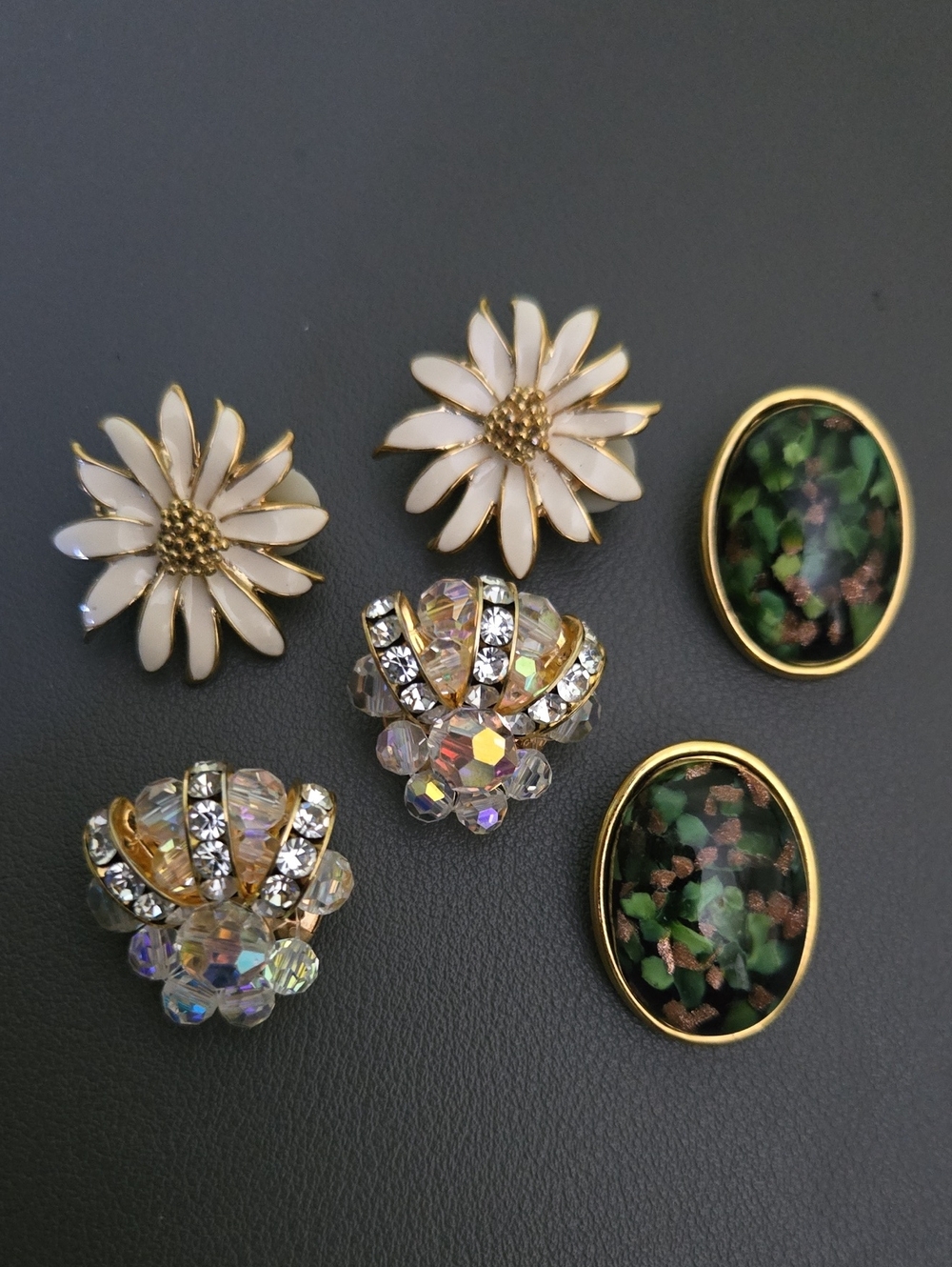 3 Vintage Gold White Daisy Crystal Cluster Opal Earrings